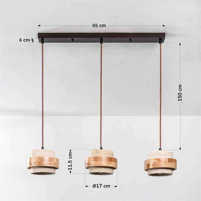 Suspension Travo à 3 lumières - travertin (pierre naturelle) et bois clair