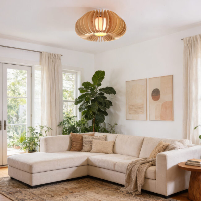 Plafonnier Roia avec lamelles en bois et diffuseur ouvert de forme ronde