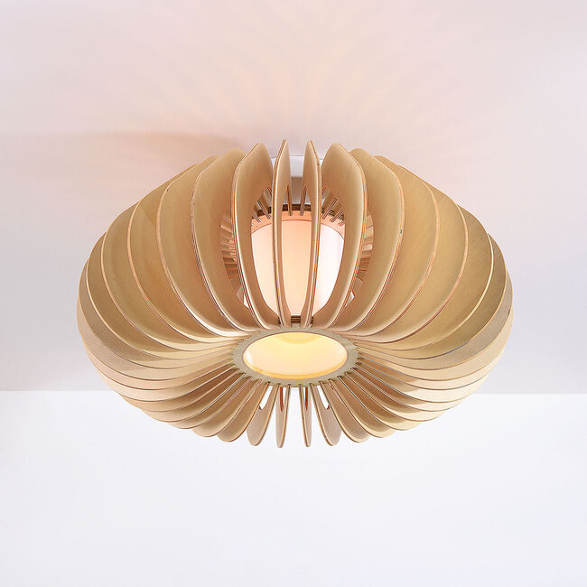 Plafonnier Roia avec lamelles en bois et diffuseur ouvert de forme ronde
