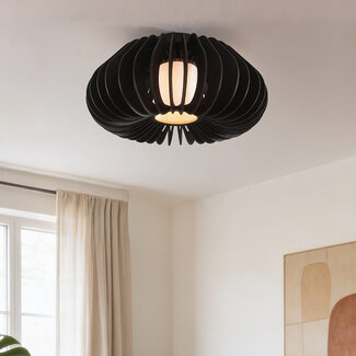 Plafonnier en bois Roia avec lamelles noires, forme ronde ouverte et diffuseur