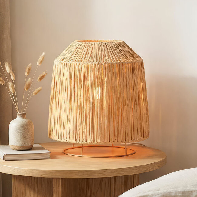Lampe de table Aruna en papier raphia avec pied métallique beige
