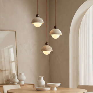 Suspension Vara à 3 lumières - travertin (pierre naturelle) et verre laiteux, ronde