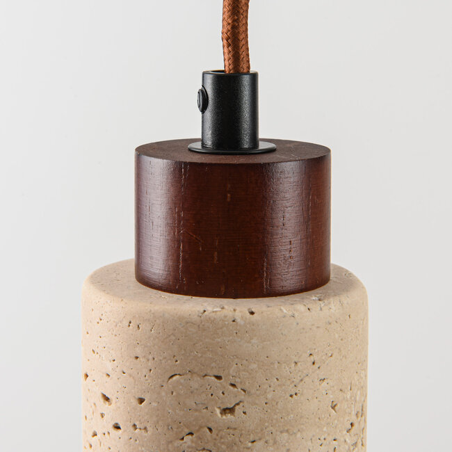 Suspension Oreno à 4 lumières - travertin (pierre naturelle) et bois, ampoules incluses