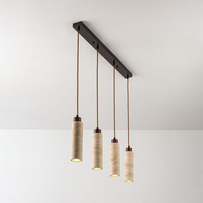 Suspension Oreno à 4 lumières - travertin (pierre naturelle) et bois, ampoules incluses