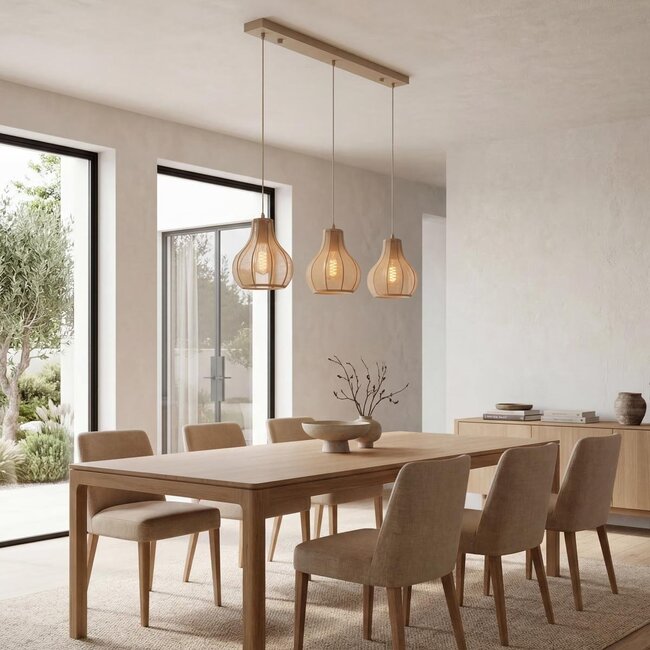 Suspension Japandi Senji avec trois abat-jours en lin - sable taupe
