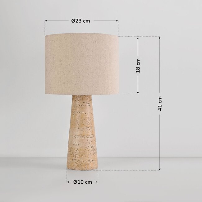Lampe de table Verla avec abat-jour en lin et pied aspect travertin