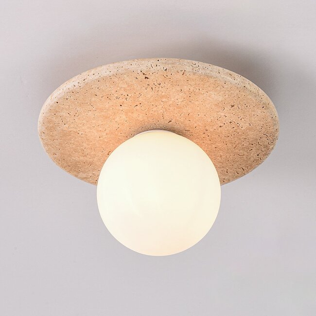 Plafonnier Cenno avec aspect travertin et verre blanc laiteux