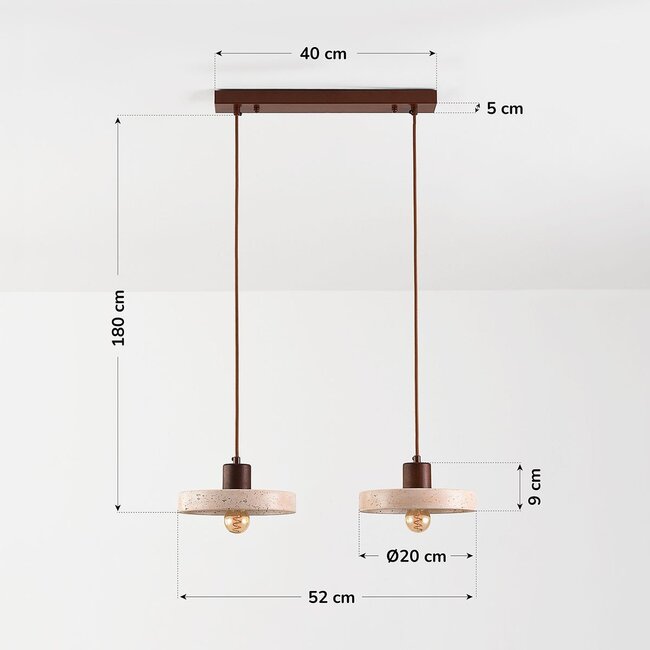Suspension Japandi Salvi à 2 lumières en travertin (pierre naturelle) et bois