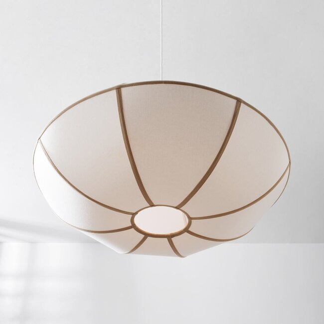 Suspension moderne Ovala avec abat-jour en lin beige et accents marron Ø60 cm