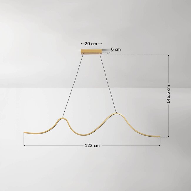Suspension design Briana en or avec éclairage LED ondulé, dimmable à 3 étapes