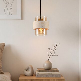 Suspension Yuki avec travertin (pierre naturelle) et verre ambré