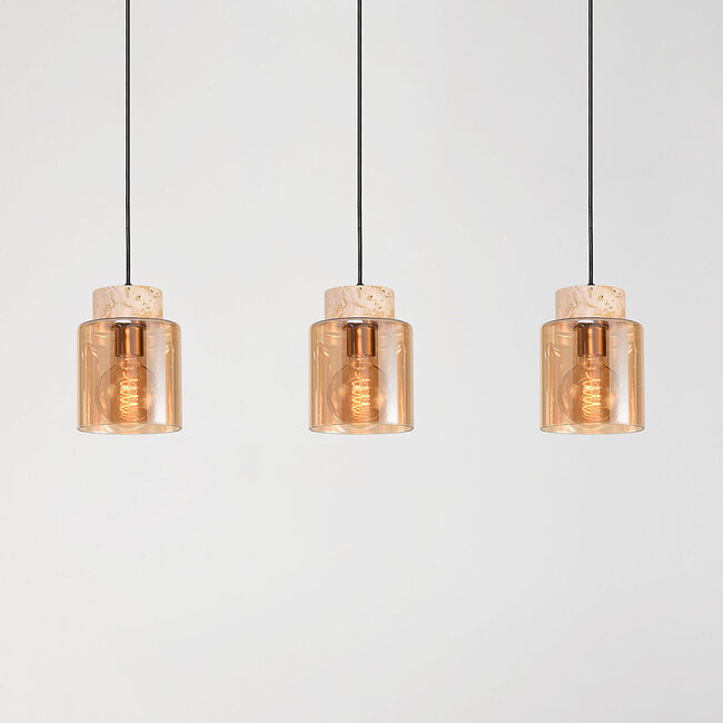 Suspension Naki 3 lumières avec travertin (pierre naturelle) et verre ambré