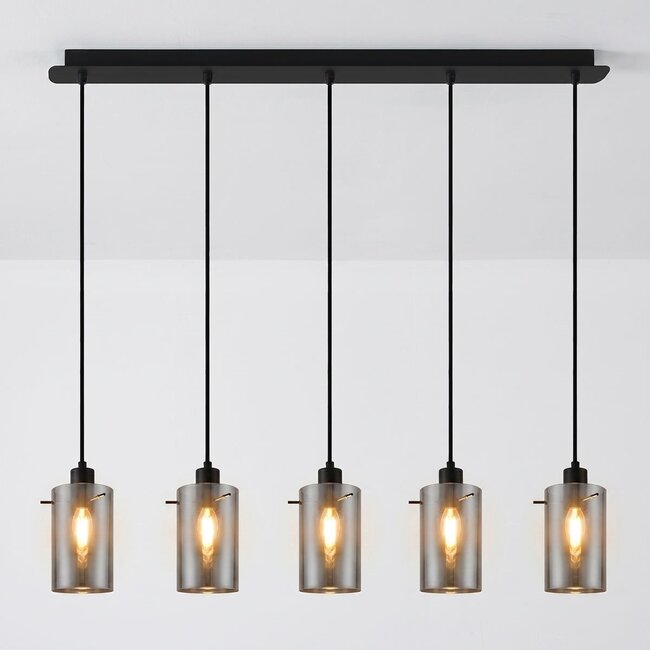 Suspension 5 lumières Texas - noir mat et verre fumé