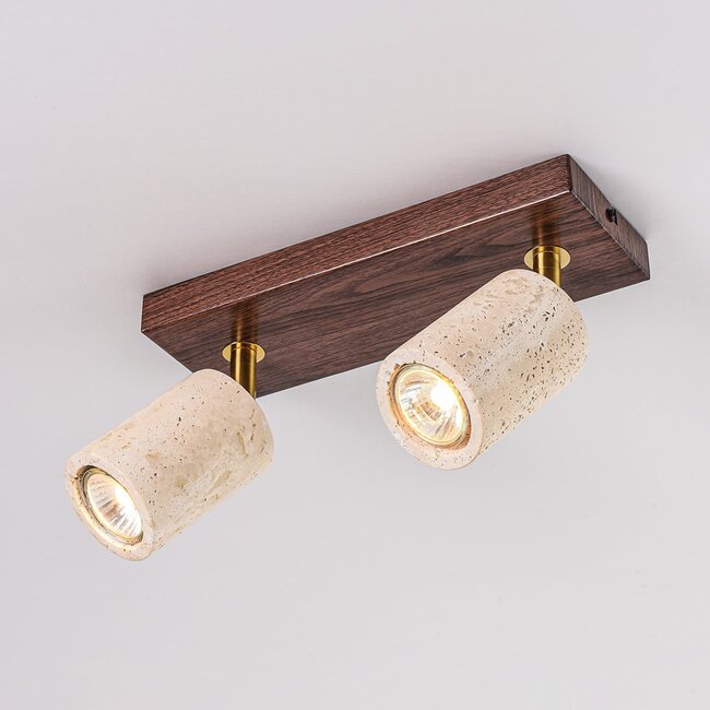 Plafonnier Orven avec 2 spots orientables en travertin (pierre naturelle) et aspect bois