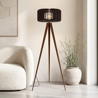 Lampadaire trépied Oakly avec abat-jour en bois - aspect noyer