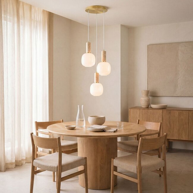 Suspension 3 lumières Vesso avec abat-jours en verre blanc laiteux et travertin
