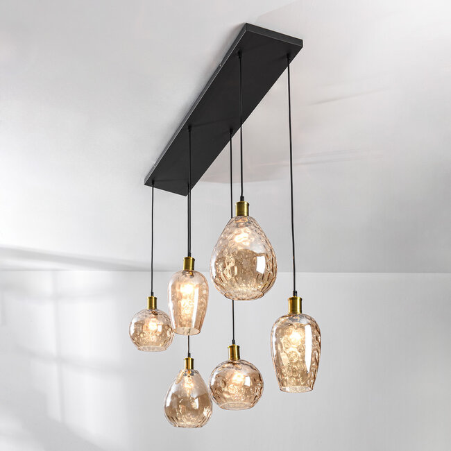 Lampe suspendue Nilo - 6-lumières en verre ambré et détail convexe