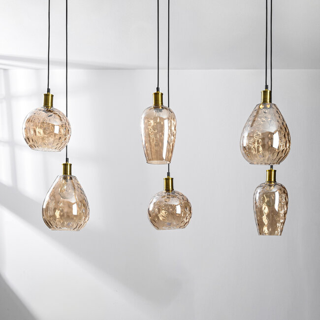 Lampe suspendue Nilo - 6-lumières en verre ambré et détail convexe