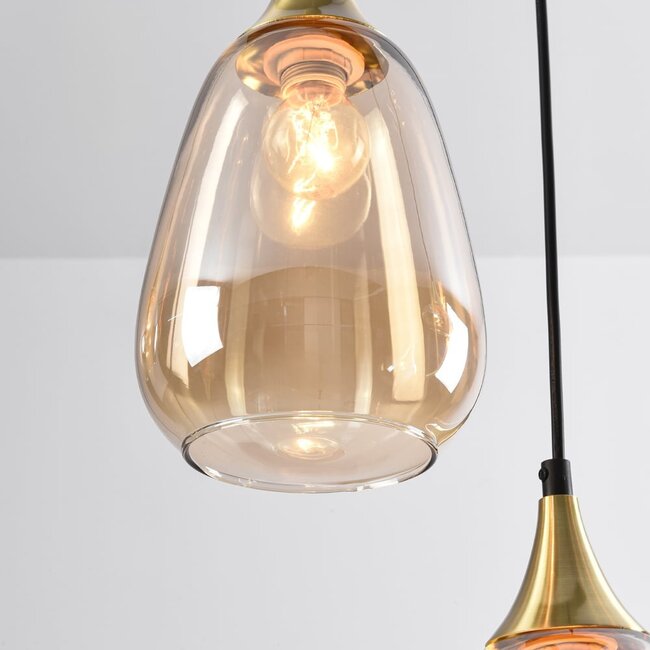 Lampe suspendue or avec verre ambré, 6 lumières - Loic