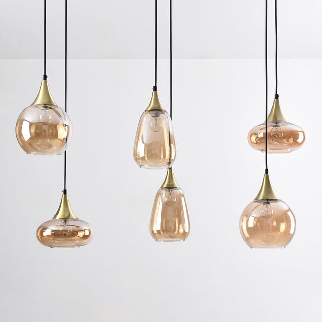 Lampe suspendue or avec verre ambré, 6 lumières - Loic