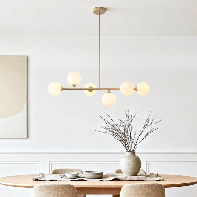 Suspension design Aster - beige avec verre blanc laiteux, 6 lumières