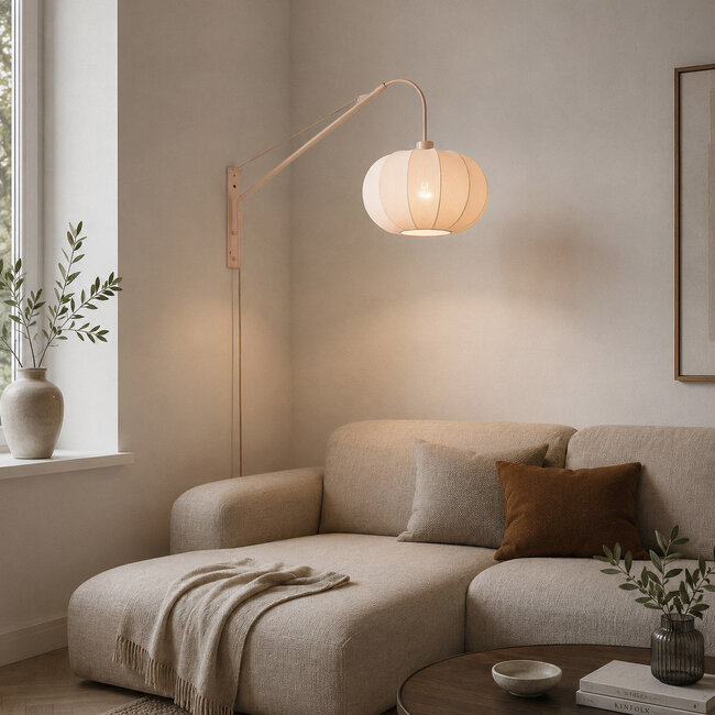 Applique murale réglable Flera - abat-jour rond en tissu beige