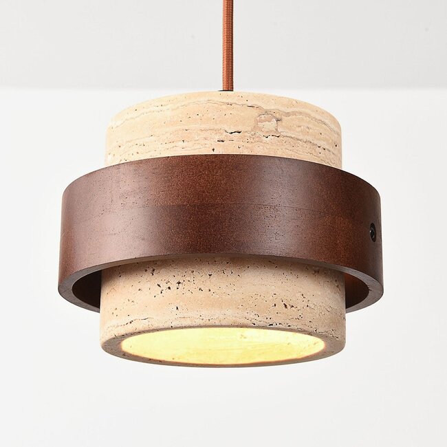 Suspension Travé 4 lumières en travertin (pierre naturelle) et bois
