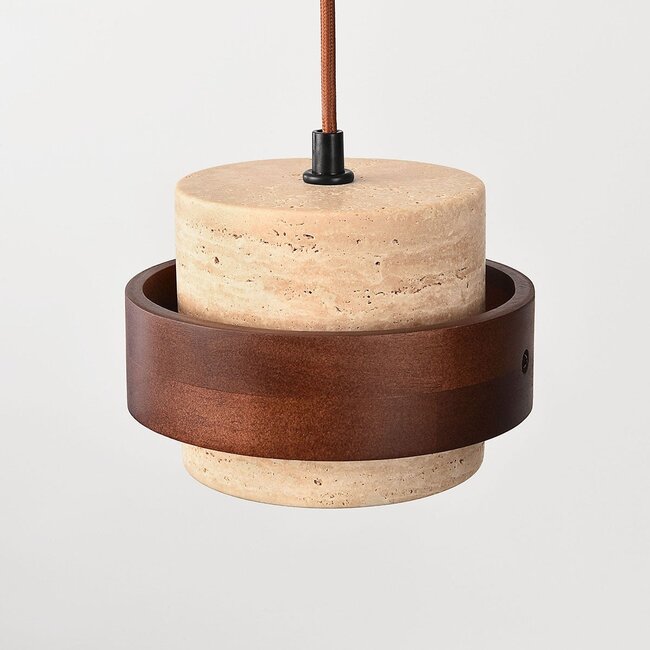 Suspension Travé 4 lumières en travertin (pierre naturelle) et bois