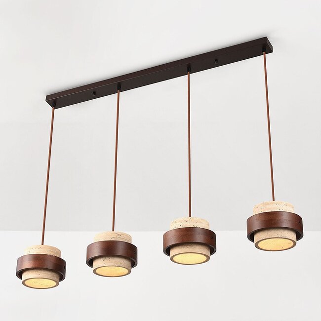 Suspension Travé 4 lumières en travertin (pierre naturelle) et bois