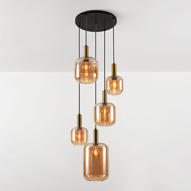 Suspension Cinque 5 lumières doré à verre ambré