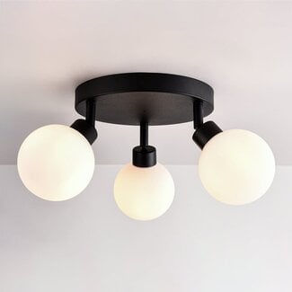 Plafonnier Zano avec 3 points lumineux orientables - noir avec verre blanc laiteux