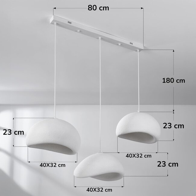 Lampe suspendue Wabi Sabi à 3 lumières Shibui avec motif en pierre blanche - 3 x 40 cm