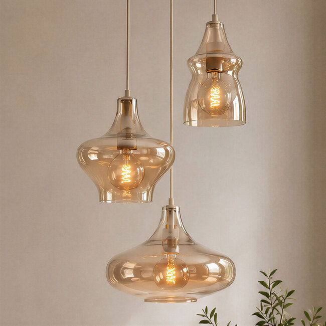 Suspension 3 lumières Trinidad avec verre ambré - beige