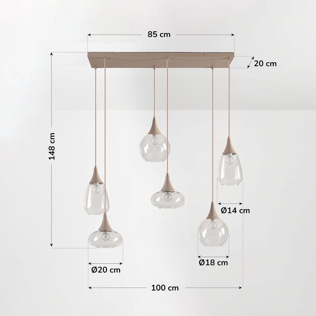 Suspension 6 lumières Loic avec verre transparent - beige sable