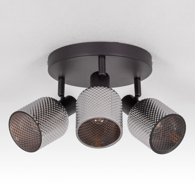 Plafonnier 3 lumières Jersey noir mat en verre fumé gris