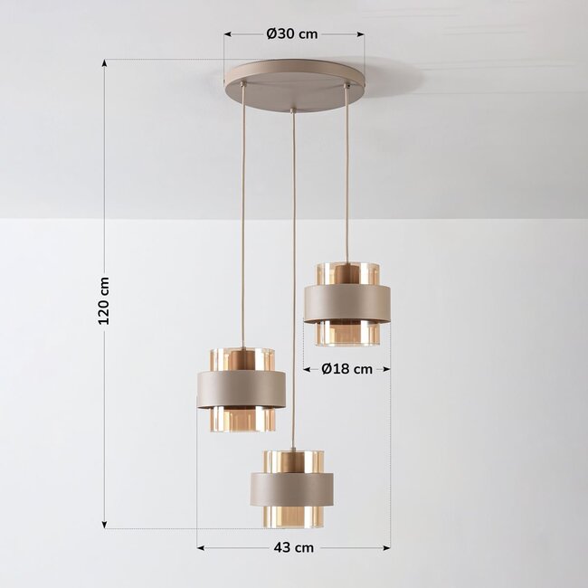 Suspension Kodi beige avec verre ambré, 3 lumières