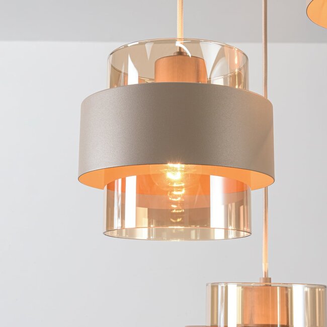 Suspension Kodi beige avec verre ambré, 3 lumières