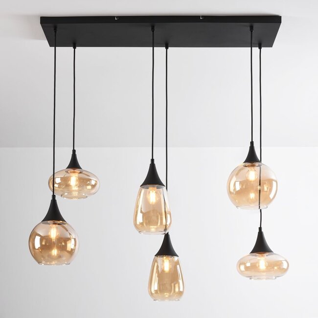 Suspension noire avec verre ambré, 6 lumières - Loic