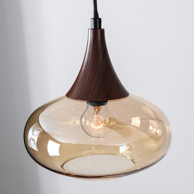 Suspension 6 lumières Loic - verre ambré et aspect bois