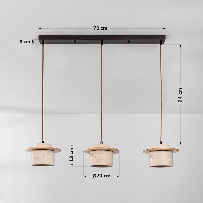 Suspension Japandi Travia à 3 lumières en travertin (pierre naturelle) et bois clair