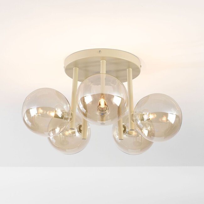 Plafonnier Amora avec 5 boules en verre cognac - beige