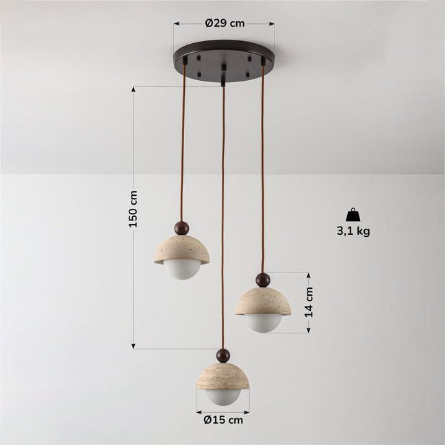 Suspension Vara à 3 lumières - travertin (pierre naturelle) et verre laiteux, ronde