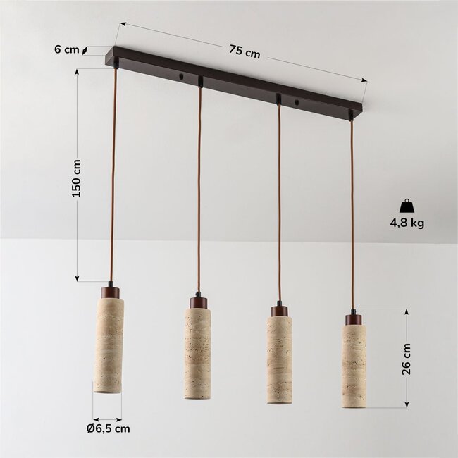 Suspension Oreno à 4 lumières - travertin (pierre naturelle) et bois, ampoules incluses