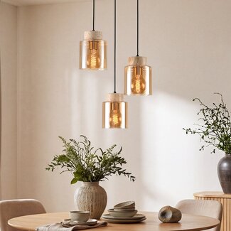 Suspension Jawee 3 lumières en travertin (pierre naturelle) et verre ambré