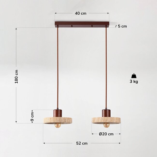 Suspension Japandi Florinda avec travertin (pierre naturelle) et bois, 2 lumières