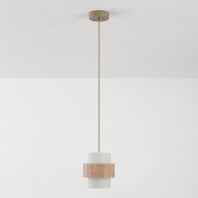 Suspension Yuki avec travertin et verre blanc laiteux - beige