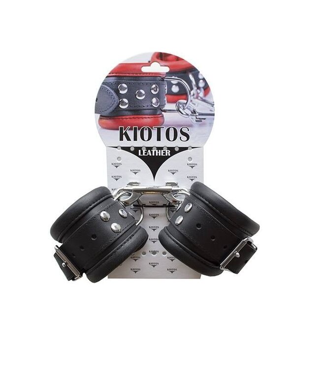 Kiotos Leather Sturdy Black Leather Ankle Cuffs with D-Ring & Studs - 6.5 cm