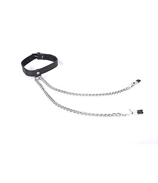 Kiotos Leather Adjustable Black Leather Collar with Nipple Clamps for Playful Pleasure