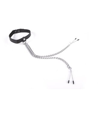 Kiotos Leather Verstelbare Kiotos Halsband Met Nipplepincher Tepelklemmen Zwart & Rood