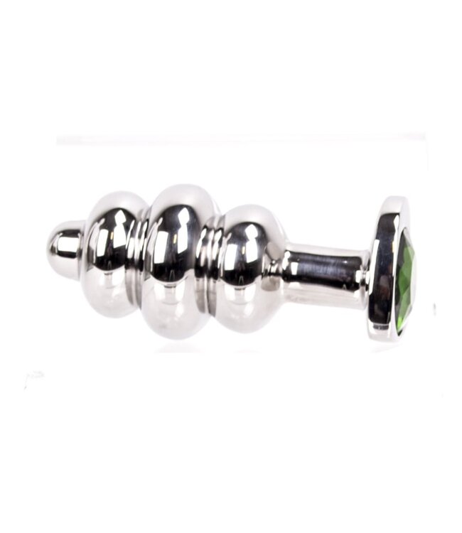 Kiotos Steel Heart-Shaped Ribbed Stainless Steel Butt Plug with Green Diamond 9cm